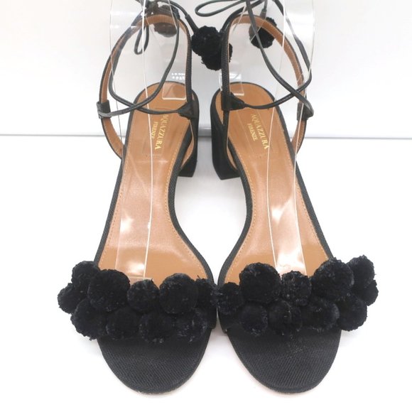 luxury-women-aquazzura-used-  AQUAZZURA POM POM ANKLE TIE SANDALS BLACK RAFFIA SIZE 39 OPEN TOE MID-HEEL
